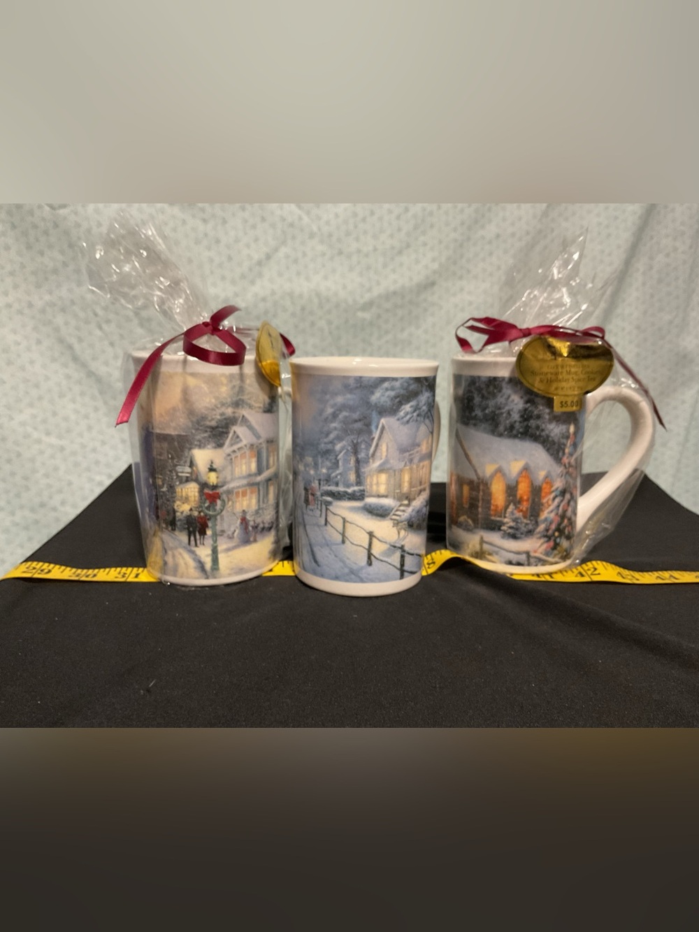 Thomas Kinkade Winter Village Mugs - Blue, White, Cream, Brown
